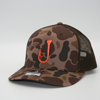 Bark duck camo snapback with orange T-Hook