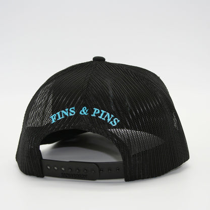 Black snapback with blue T-Hook