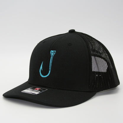 Black snapback with blue T-Hook