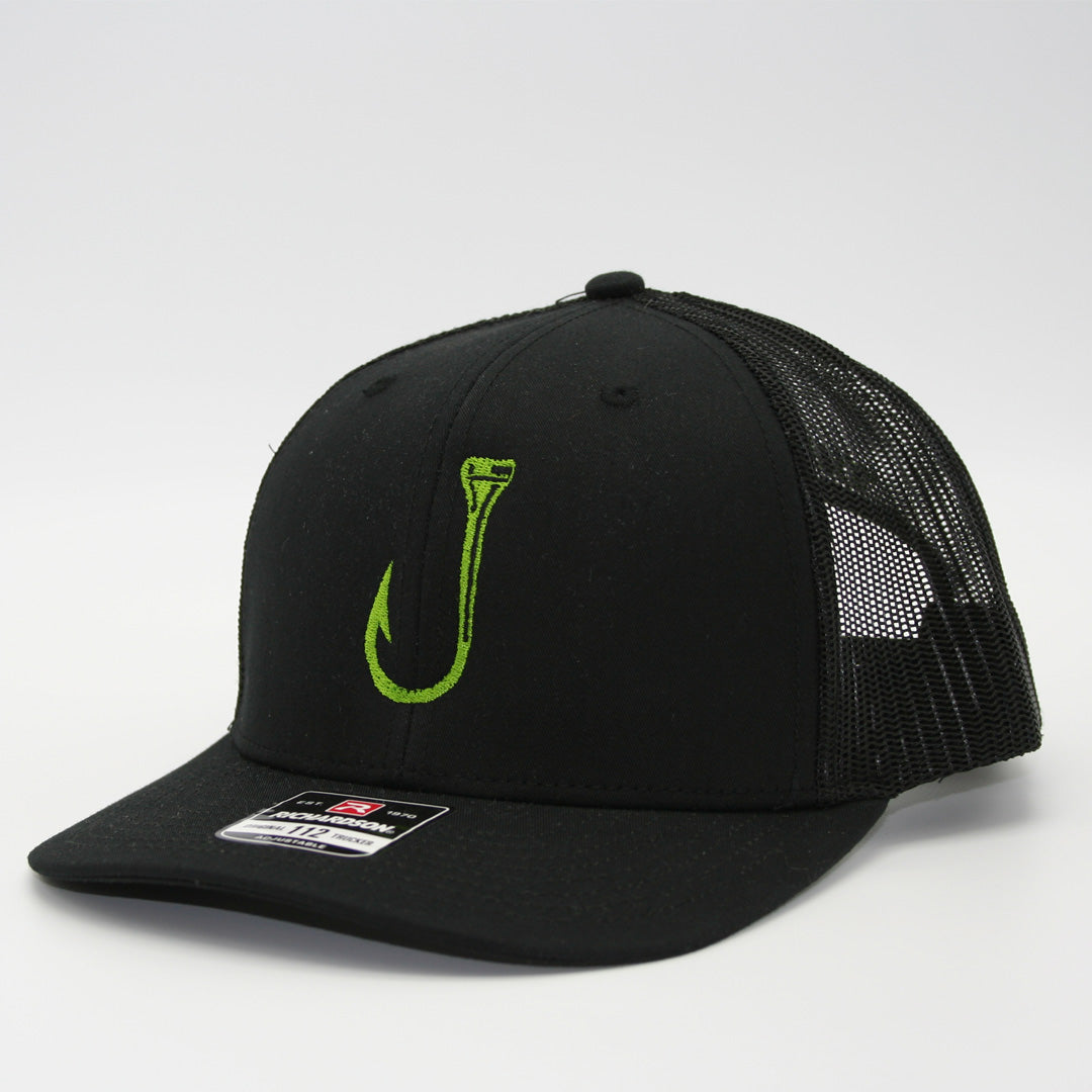 Black snapback with lime green T-Hook