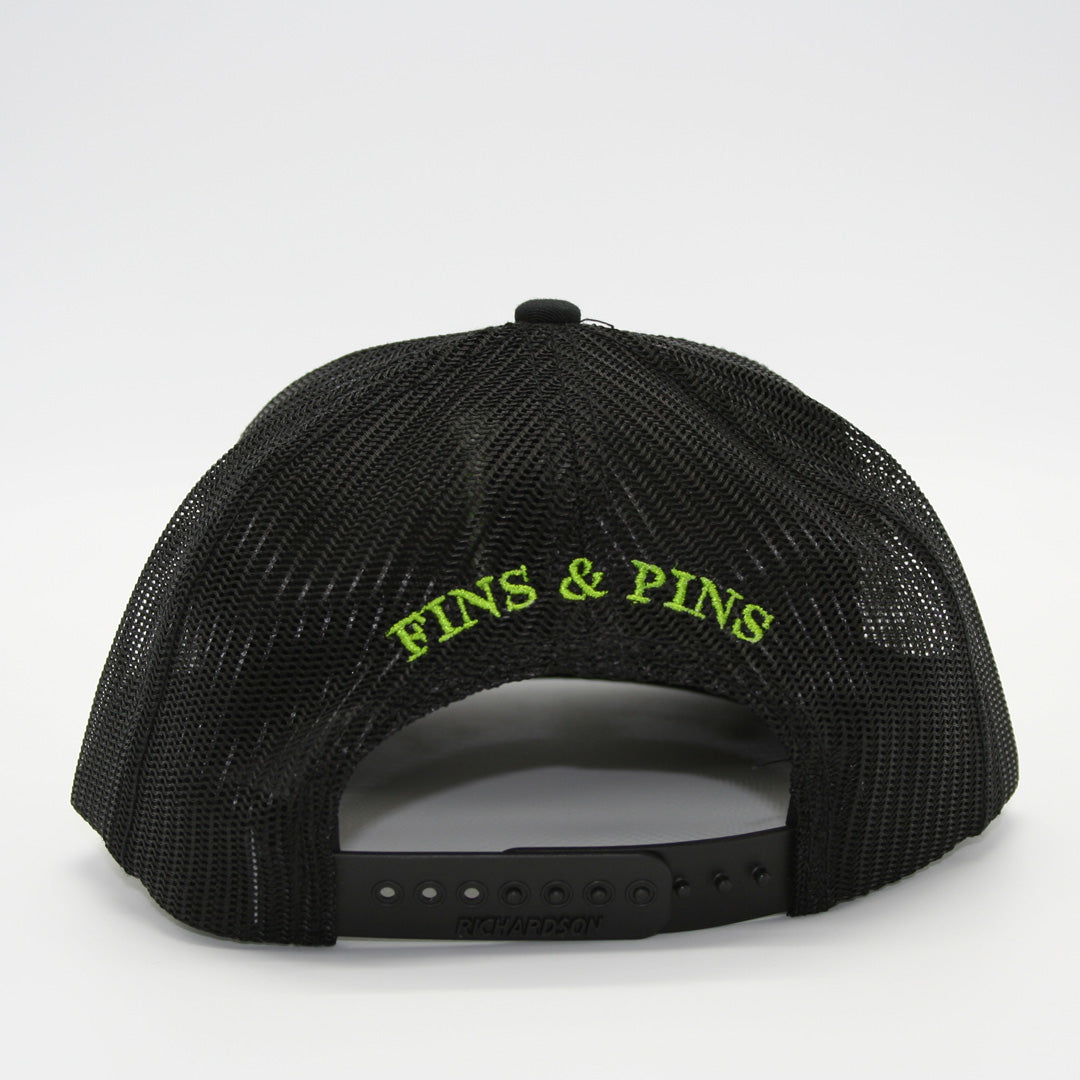 Black snapback with lime green T-Hook