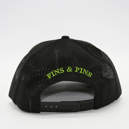 Black snapback with lime green T-Hook