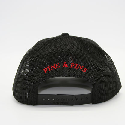 Black snapback with red T-Hook