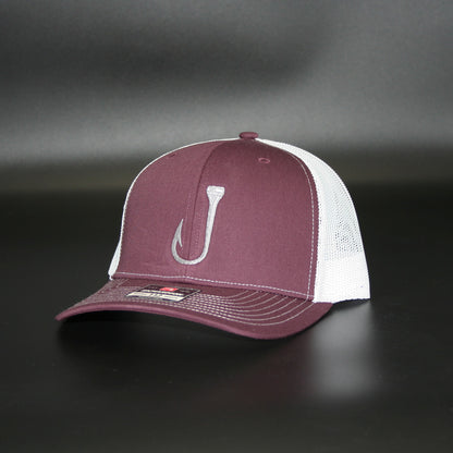 Maroon/ white mesh snapback with silver T-Hook