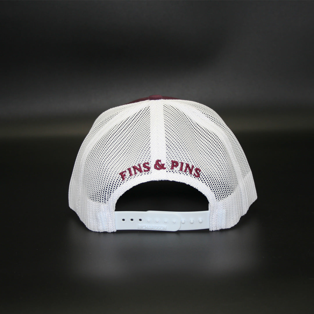 Maroon/ white mesh snapback with silver T-Hook