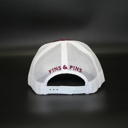 Maroon/ white mesh snapback with silver T-Hook